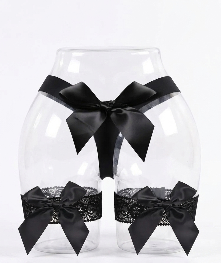 Satin Bow & Lace Garter Lingerie Set "Midnight Gift" – Black