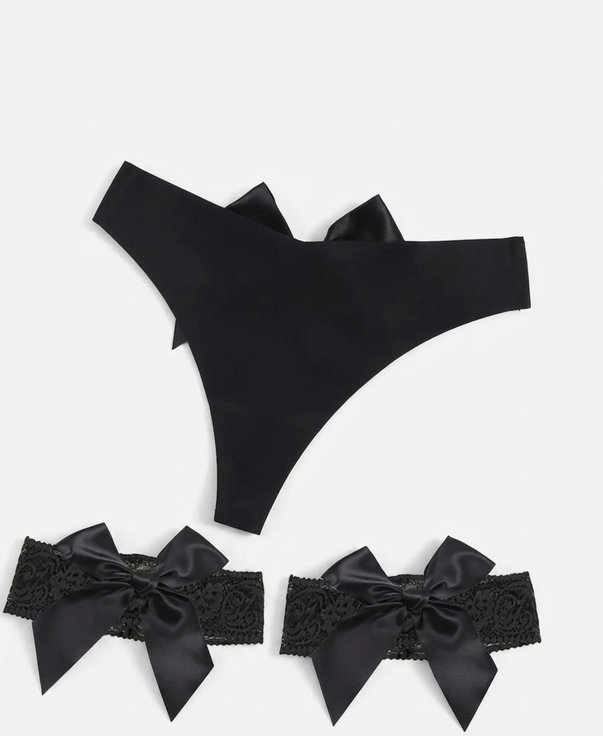 Satin Bow & Lace Garter Lingerie Set "Midnight Gift" – Black